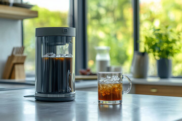 dynamic image showing cold brew coffee being prepared in modern kitchen. sleek coffee maker sits beside glass filled with ice and brewed coffee, creating refreshing scene