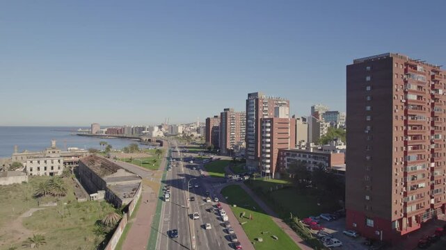 Drone view of the traffic in the coastal Rambla avenue along the coastline of the Rio de la Plata