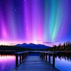 Wooden dock extending into a serene lake under a vibrant aurora borealis and starry night sky, reflecting the colorful lights.