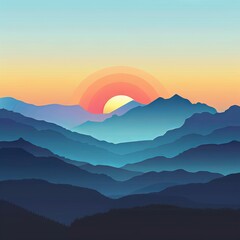 Obraz premium Sunrise Landscape Flat Illustration, Color Dawn in Mountains, Sunset Sun Beams Landscape