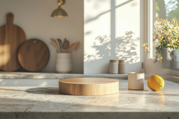 wooden podium stands on kitchen island, surrounded by decorative items like lemon and cup. warm sunlight creates cozy atmosphere, enhancing kitchen aesthetic appeal
