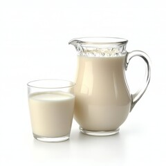 Jug and Glass of Milk Isolated on White Background, Fresh Dairy Product