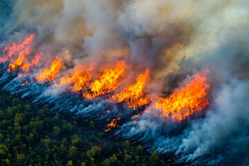 Dramatic Aerial View of Wildfire Spreading Through Forest with Bright Flames and Thick Smoke Pluming into the Sky in a Nature Scene