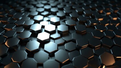 Obraz premium Metal hexagons on a dark plane, 3D rendering.