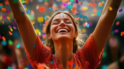 Obraz premium A woman experiencing joy, with her arms raised and a big smile on her face, surrounded by colorful confetti in a celebratory atmosphere A vibrant and uplifting image of pure happiness.