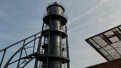 Metal lighthouse of Lemmer, viewed from below, spiral staircase.