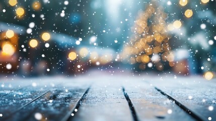 Charming christmas market amidst a snowy winter wonderland with a blurred background