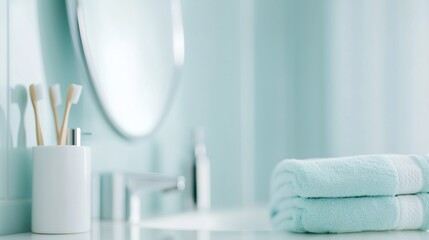 Modern bathroom setup with neatly arranged towels and toiletries creating a serene atmosphere