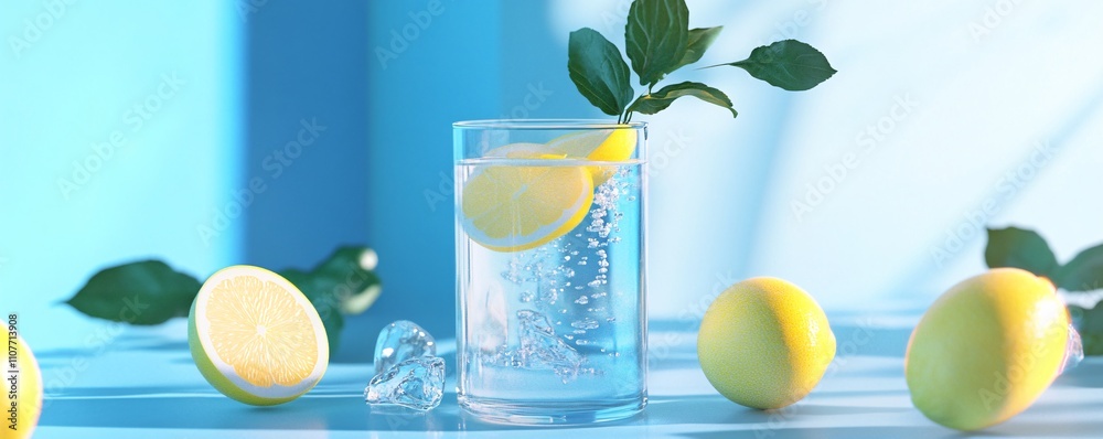 Poster refreshing summer drink with lemon slices and ice cubes on blue background