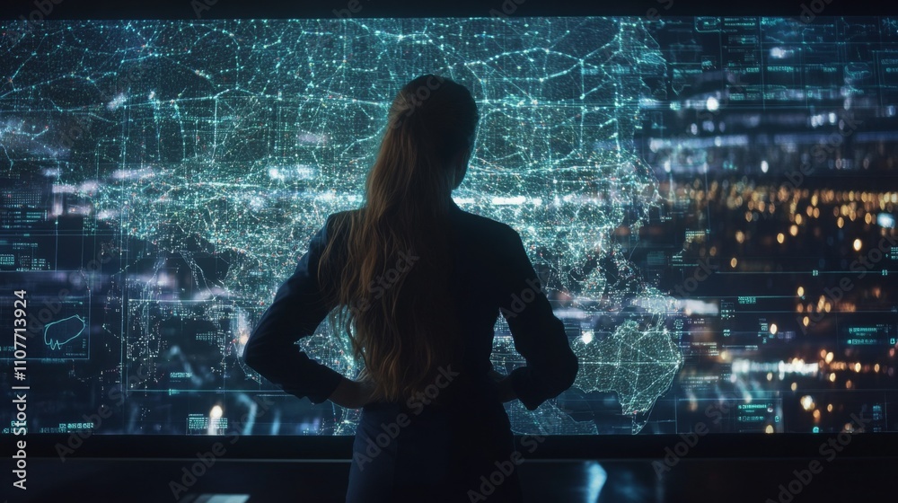 Poster A woman stands in front of a large display, closely examining intricate global data visualizations.