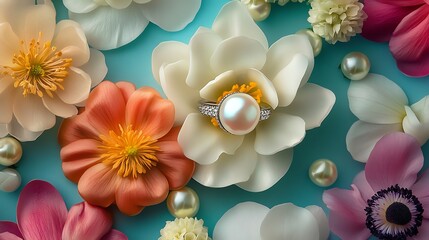 Obraz premium Elegant floral arrangement with delicate flowers and pearls.