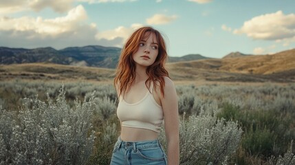 A beautiful young woman with red hair poses in a wide long yellow field, looking at the distant mountains