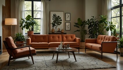 Obraz premium Mid-century modern living room with a sofa and plants.