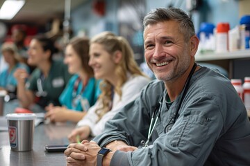 A group of enthusiastic veterinary professionals engages in discussion at a clinic, sharing ideas and laughter while seated at a counter. Their camaraderie highlights teamwork and dedication