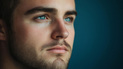 Obraz premium A close-up portrait of a young Caucasian man with striking blue eyes, capturing contemplation and depth, conveying an emotional and introspective atmosphere in the image.