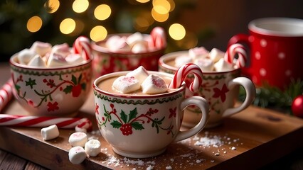 Fototapeta premium Hot chocolate/coffee with marshmallows, candy canes and holiday mugs at the Christmas party