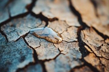 Obraz premium Close-Up View of a Single Drop of Water on Dry, Cracked Soil Highlighting Nature's Resilience and the Effects of Drought in Arid Environments