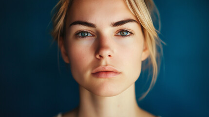Fototapeta premium A close-up portrait of a serene Caucasian woman with an innocent expression against a calming blue background, highlighting purity, tranquility, and natural beauty.