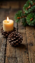 Obraz premium Miniature Christmas decor with a candle, tree, and pinecone on wood.