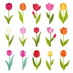Fototapeta premium Tulip Flower Icon Set, Garden Tulip Flower Flat Design, Abstract Tulip Flower Symbol, Simple Flowers