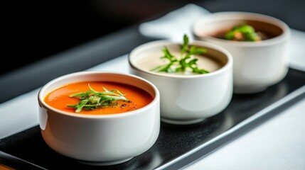 Trio of Gourmet Soup Bowls with Vibrant Garnishes on Sleek Black Platter - Modern Culinary Presentation
