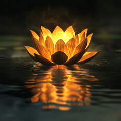 Mindfulness concept of Buddhism philosophy Glowing lotus flower reflected in tranquil water at night.