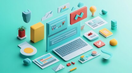 Flat design top view of technology sharing information with complementary color scheme, featuring 3D-rendered devices, data flow, and a futuristic digital communication concept.