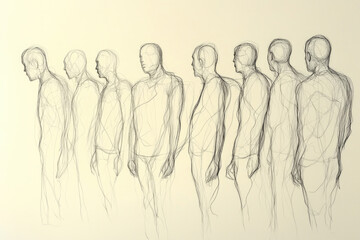 Obraz premium A series of pencil sketches depict translucent human figures standing in a row, each smudged and blending with the paper background, portraying subtle emotion.