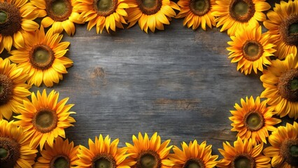 Obraz premium A rustic wooden background adorned with a vibrant border of sunflowers, creating a warm and inviting atmosphere.