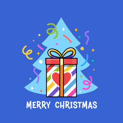 a colorful gift box with flying confetti. Christmas theme. Isolated Vector Illustration