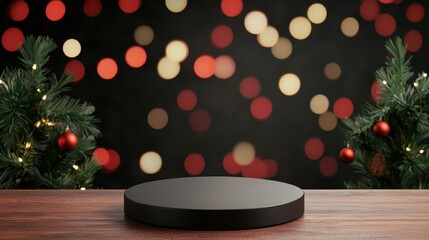 A festive setting featuring a dark circular platform surrounded by Christmas trees and a backdrop of colorful bokeh lights.