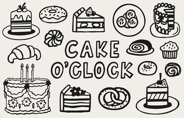 Cake o'clock hand drawn doodle elements. Bakery cafe doodle vector set with cake, donut, cupcake, and croissant.