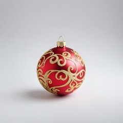 Red Christmas ball with pattern isolated on white background. Xmas tree decoration with ornament