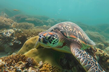 Fototapeta premium A close-up of a sea turtle swimming over coral reefs in clear water.