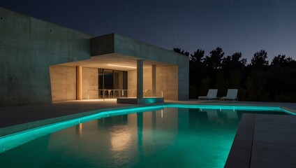 Fototapeta premium Minimalist concrete architecture with neon lighting and a pool.