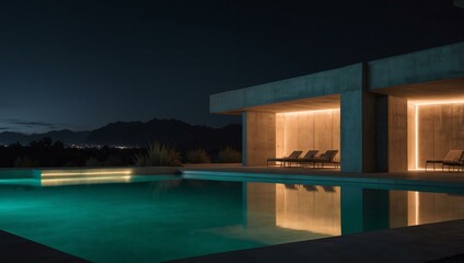 Minimalist concrete architecture with neon lighting and a pool.