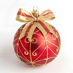 Red Christmas ball with pattern isolated on white background. Xmas tree decoration with ornament