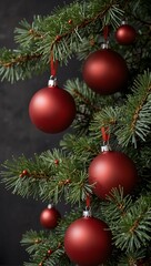 Fototapeta premium Minimalist festive decor with pine branches and red balls.