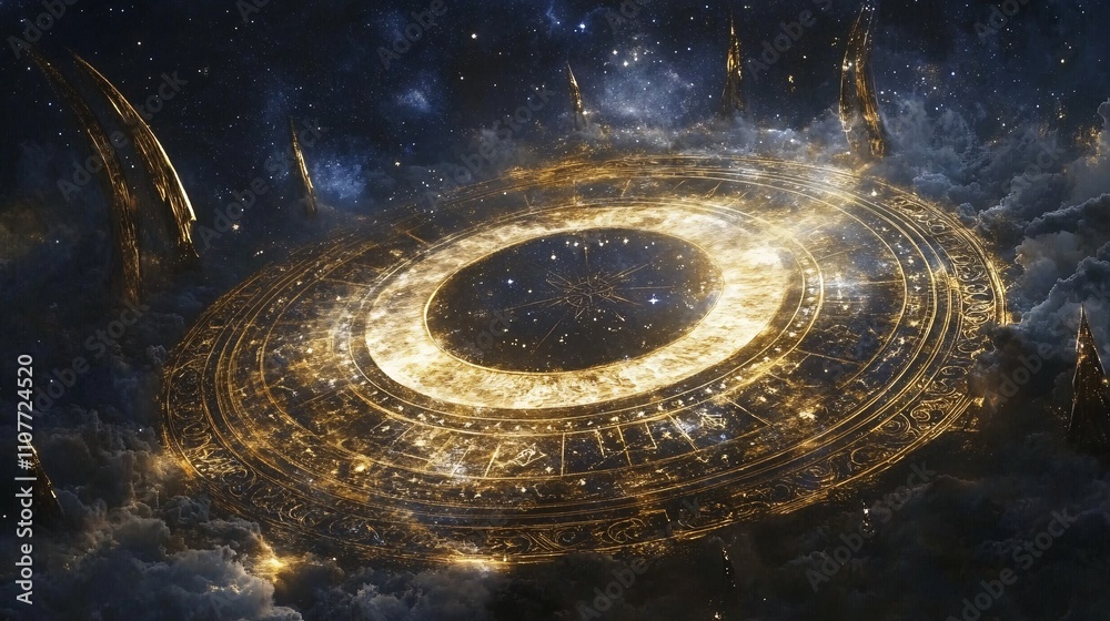 Poster giant golden astrolabe floating in space with nebulae and stars