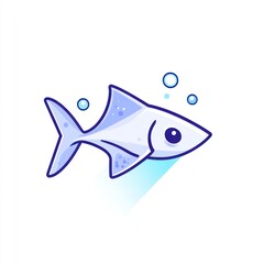 Fototapeta premium Cute cartoon light blue fish swimming underwater with bubbles.