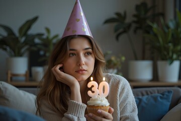 A humorous yet contemplative scene of a woman celebrating a milestone birthday in solitude, capturing the bittersweet blend of self-reflection, joy, and quiet celebration