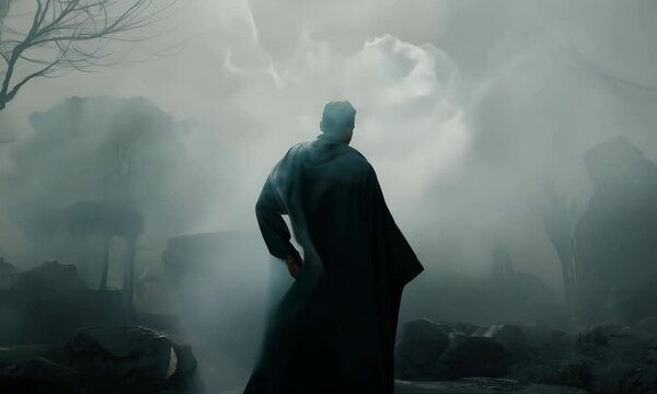 Morpheus cloaked in dark gray mist, standing in a shadowy dreamworld where everything fades into soft, neutral tones