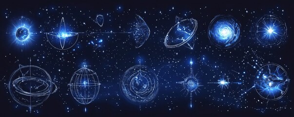 Naklejka premium Planets and stars rotating and emitting light in space