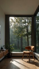 Fototapeta premium Minimalist interior with a single chair and a bright window.