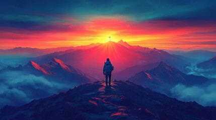 Fototapeta premium Hiker Ascending to the Mountain Summit to a Flag