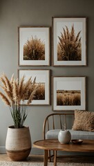 Minimalist interior with pampas grass and framed prints.