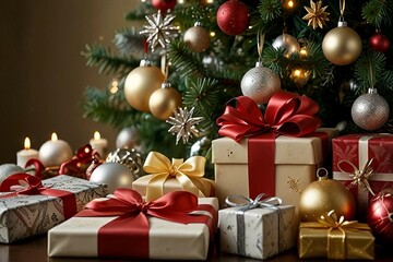 A festive scene of elegantly wrapped presents nestled beneath a sparkling Christmas tree