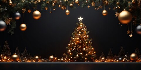 Obraz premium Christmas frame. Xmas tree branches decorated cooper stars and balls on black background. Horizontal christmas posters, greeting cards, headers, website, banner poster header, copy space, banner poste