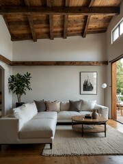 Minimalist living room with exposed wooden beams and white walls.