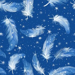 Obraz premium Elegant feathers float on a dark blue background, creating a serene and stylish pattern